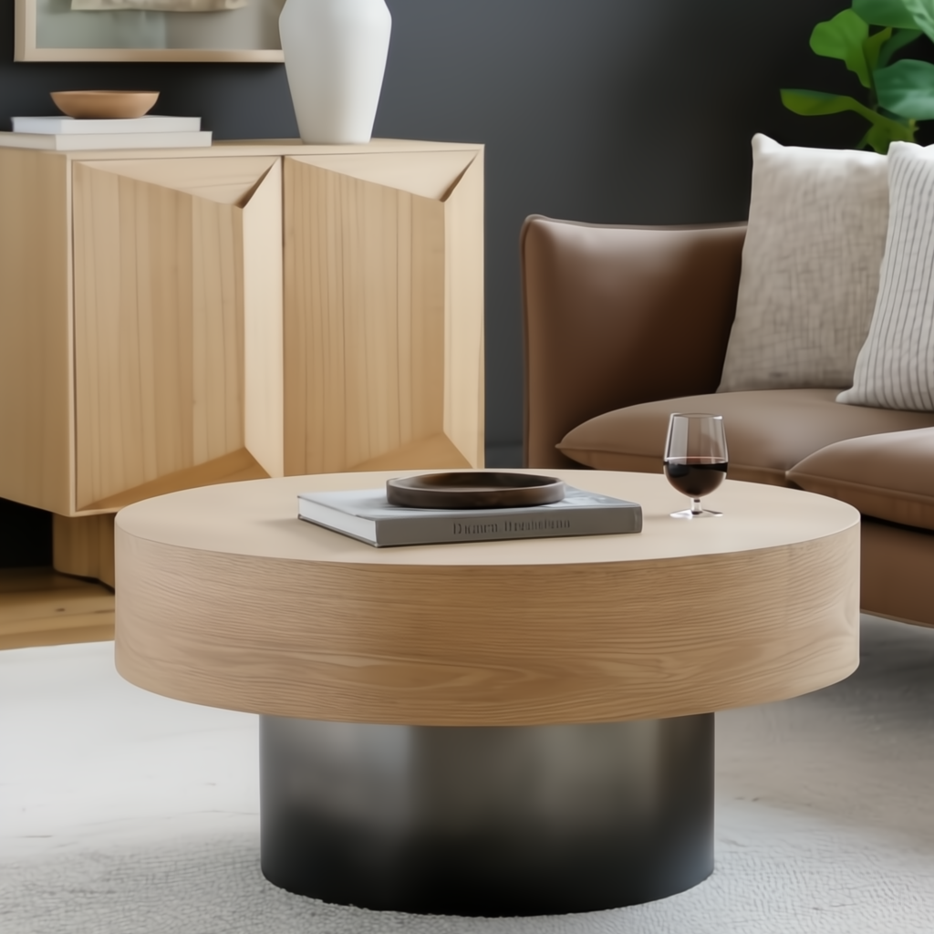 Surya Russula 36" round oak coffee table with a brown top and metallic nickel iron base.
