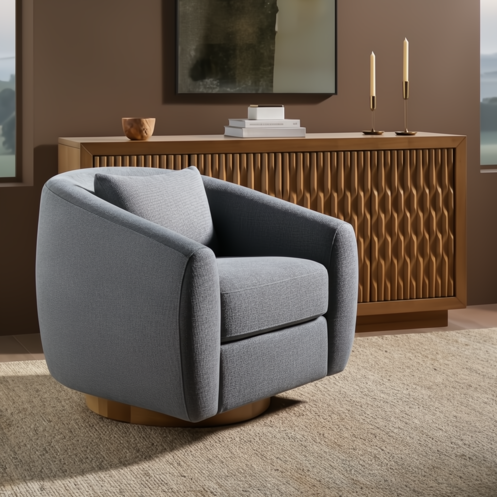 Gray Surya Loma swivel chair with a light ash wood base, polyester-rayon cover, and included pillow.