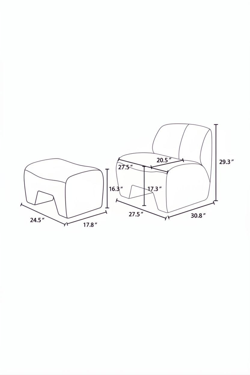 Surya Sable Accent Chair with ottoman, showing dimensions for both pieces.