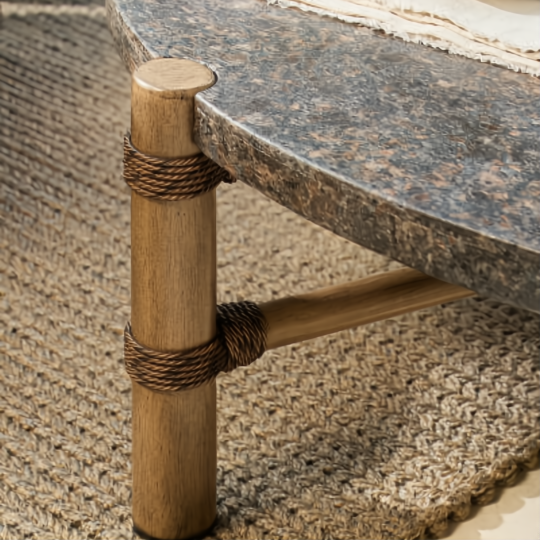 Surya Porta round outdoor coffee table with charcoal matte stone top, brown aluminum base, and PE rope detail.