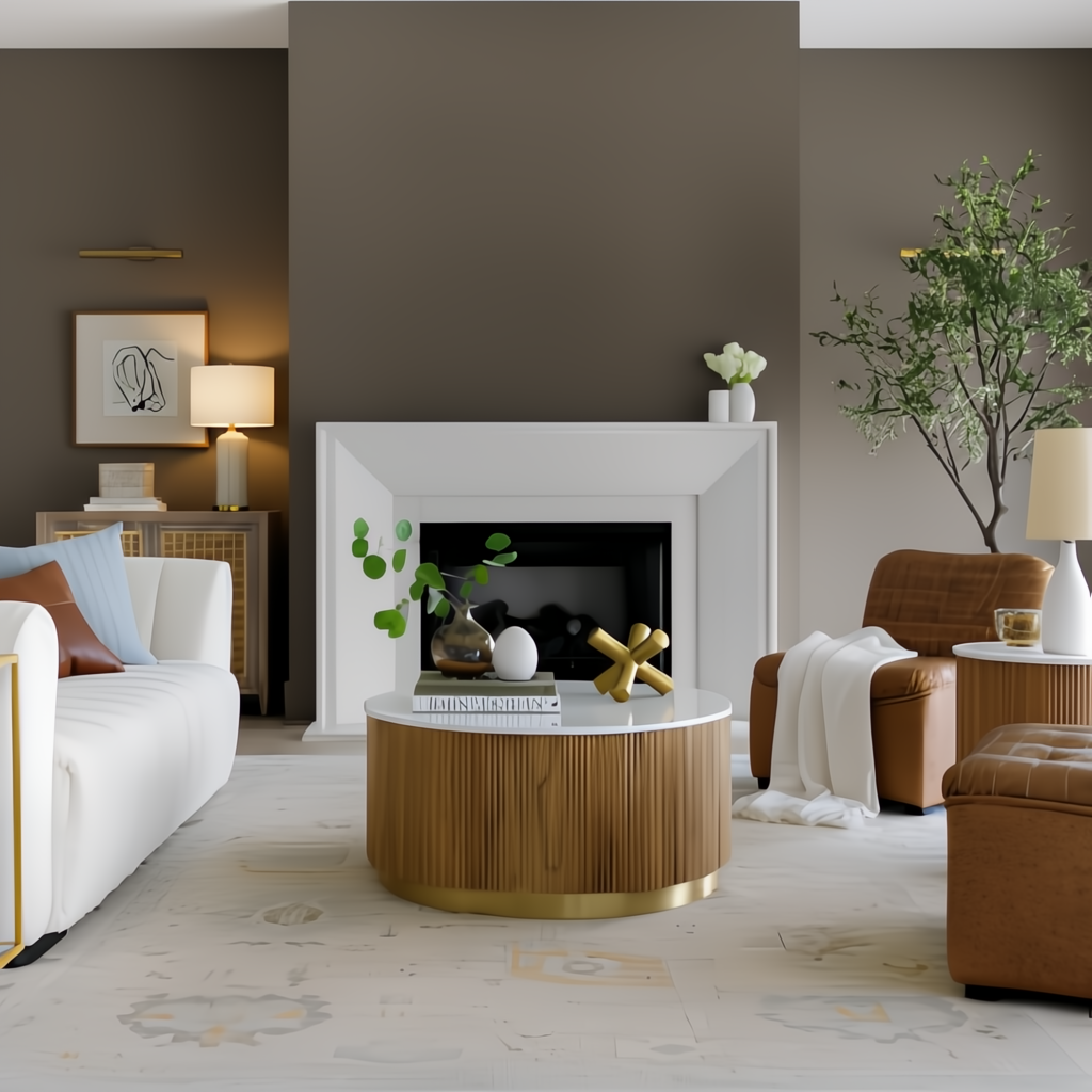 Surya Nems round coffee table with white marble top, reeded brown mango wood base, and gold accents in a living room.