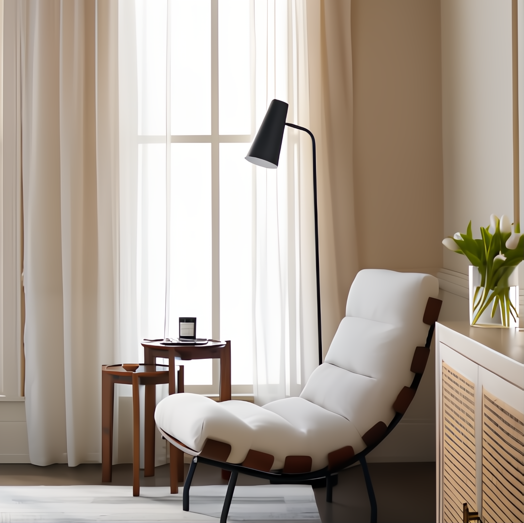 Surya Laval Accent Chair, modern oatmeal upholstered lounger with a black iron base and wood accents.