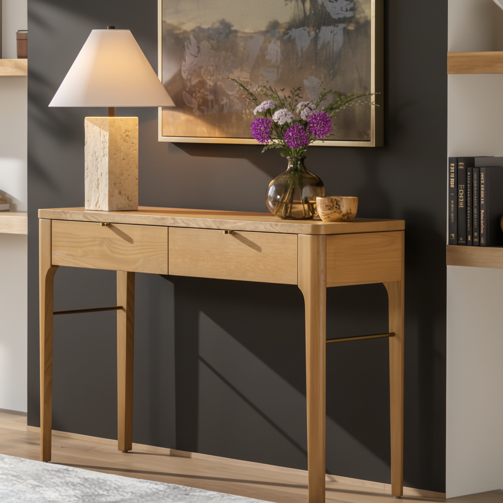 Slim brown oak veneer console table with two drawers and a brown/metallic brass base.