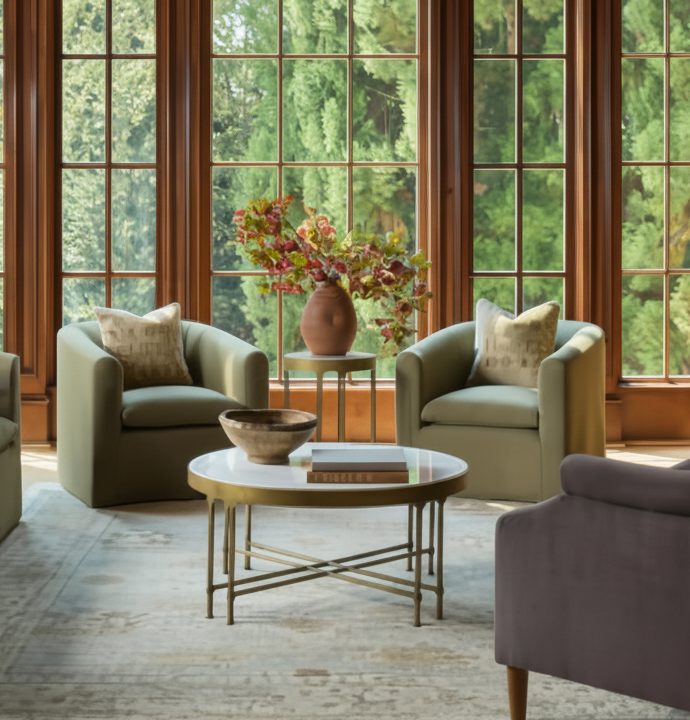 Surya Engel coffee table with white marble top and metallic brass iron base in a living room.