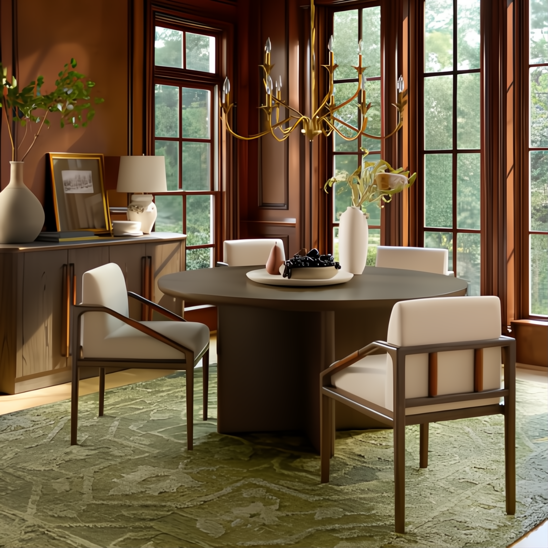 Surya Kushan KUH-001 cream ceramic decorative vase set on a dining table with chairs in a global transitional interior.
