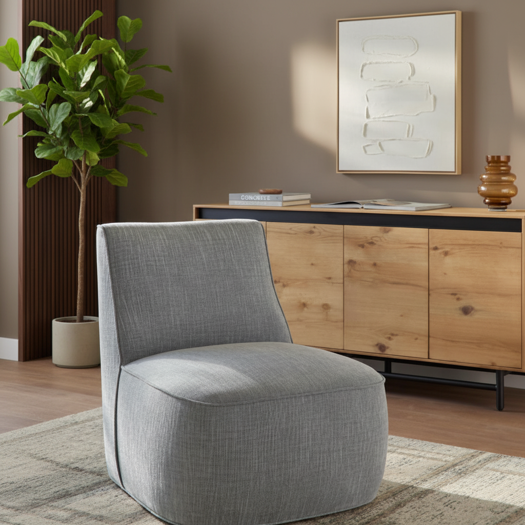 Modern gray polyester-linen accent chair with a compact design and black base.