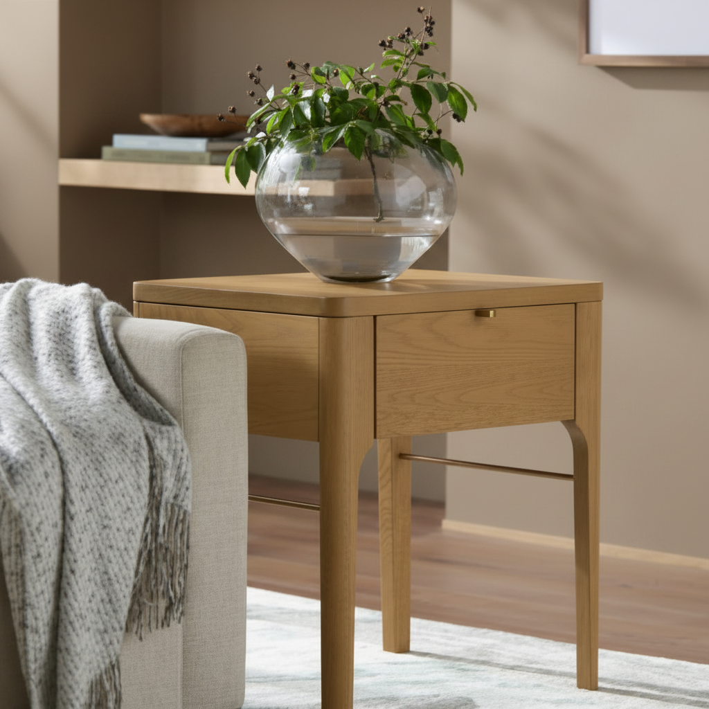 Surya Anello End Table with brown oak veneer top, brown/metallic brass base, and a drawer.