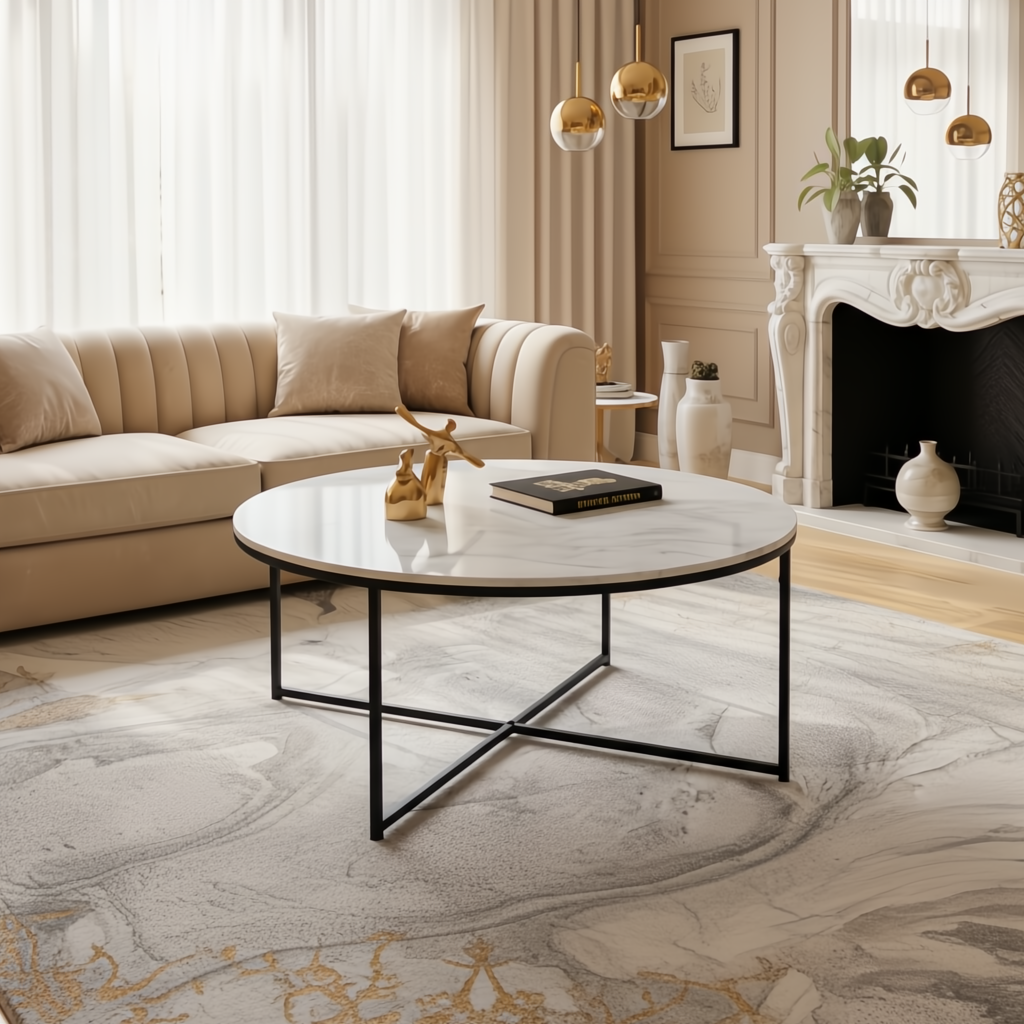 Round Surya Anastasia coffee table with white natural marble top and black matte iron base.