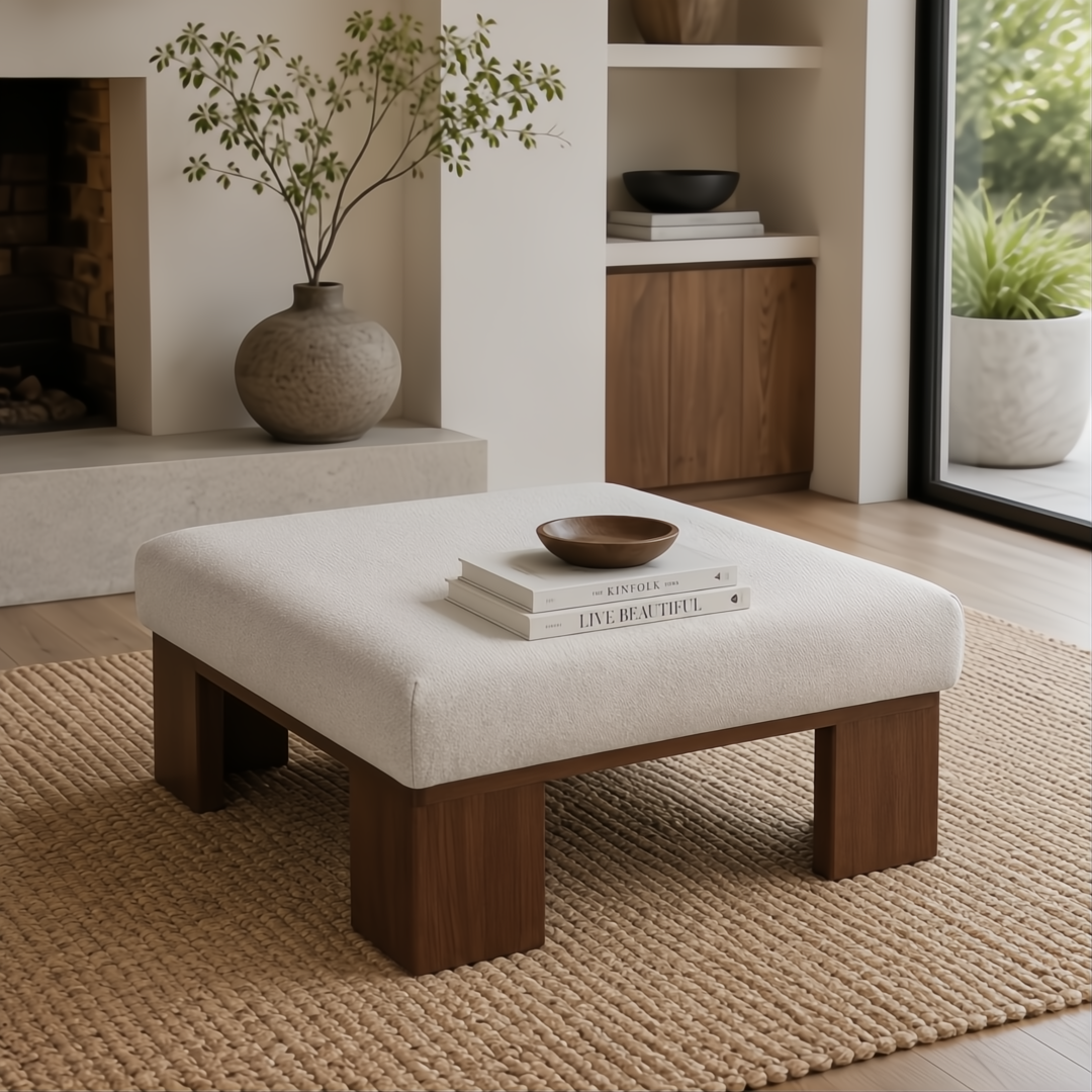 Surya Lunara Ottoman, a square, light beige upholstered ottoman with dark wood block legs, on a jute rug.