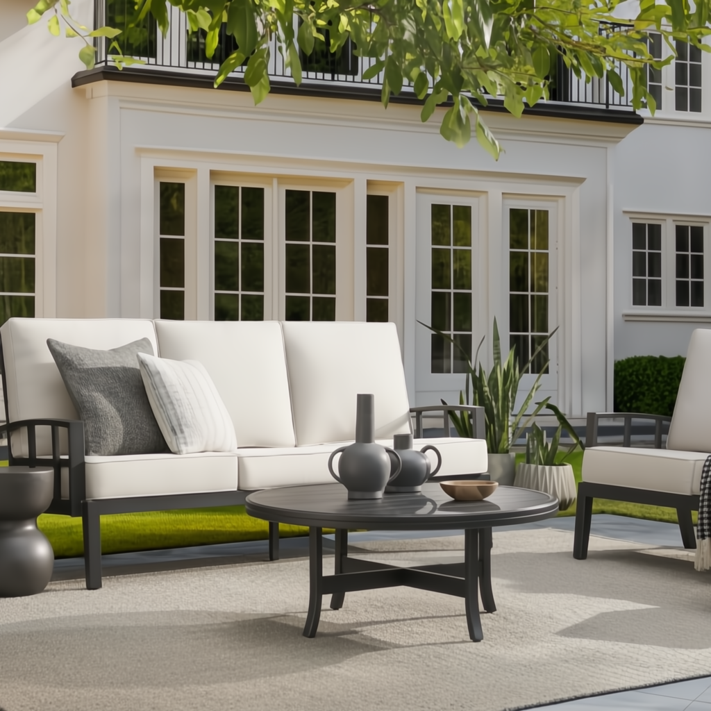 Surya Fairborn outdoor accent chair with black aluminum base and cream Sunbrella cushions.