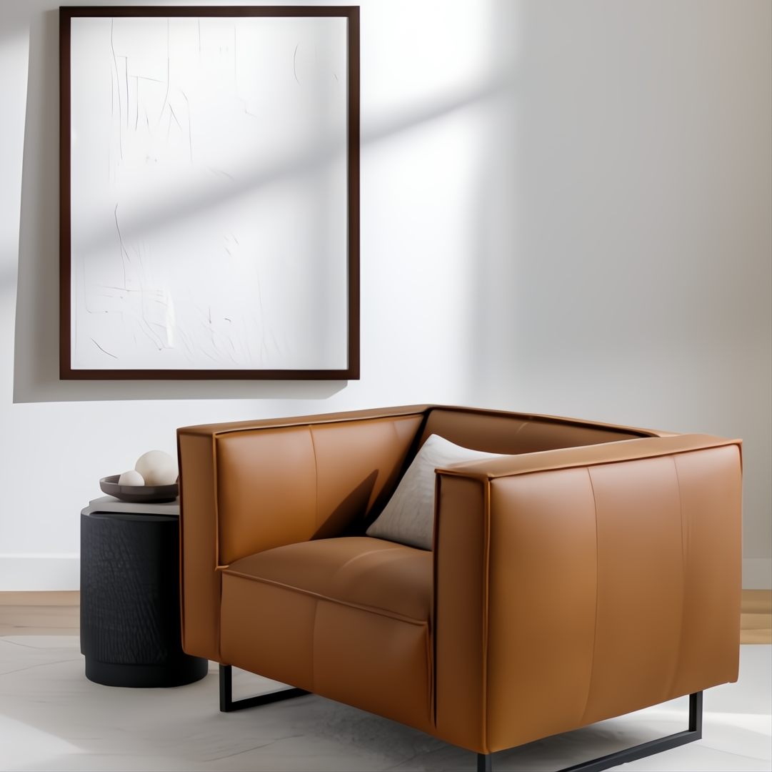 Modern Surya Dylan accent chair with brown leather, black iron base, and a light pillow.
