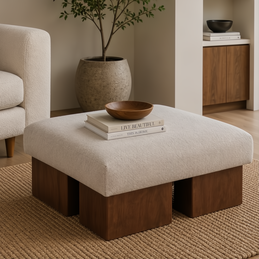 Surya Mirava Ottoman, ivory polyester upholstered square ottoman with a brown stained rubber wood base.