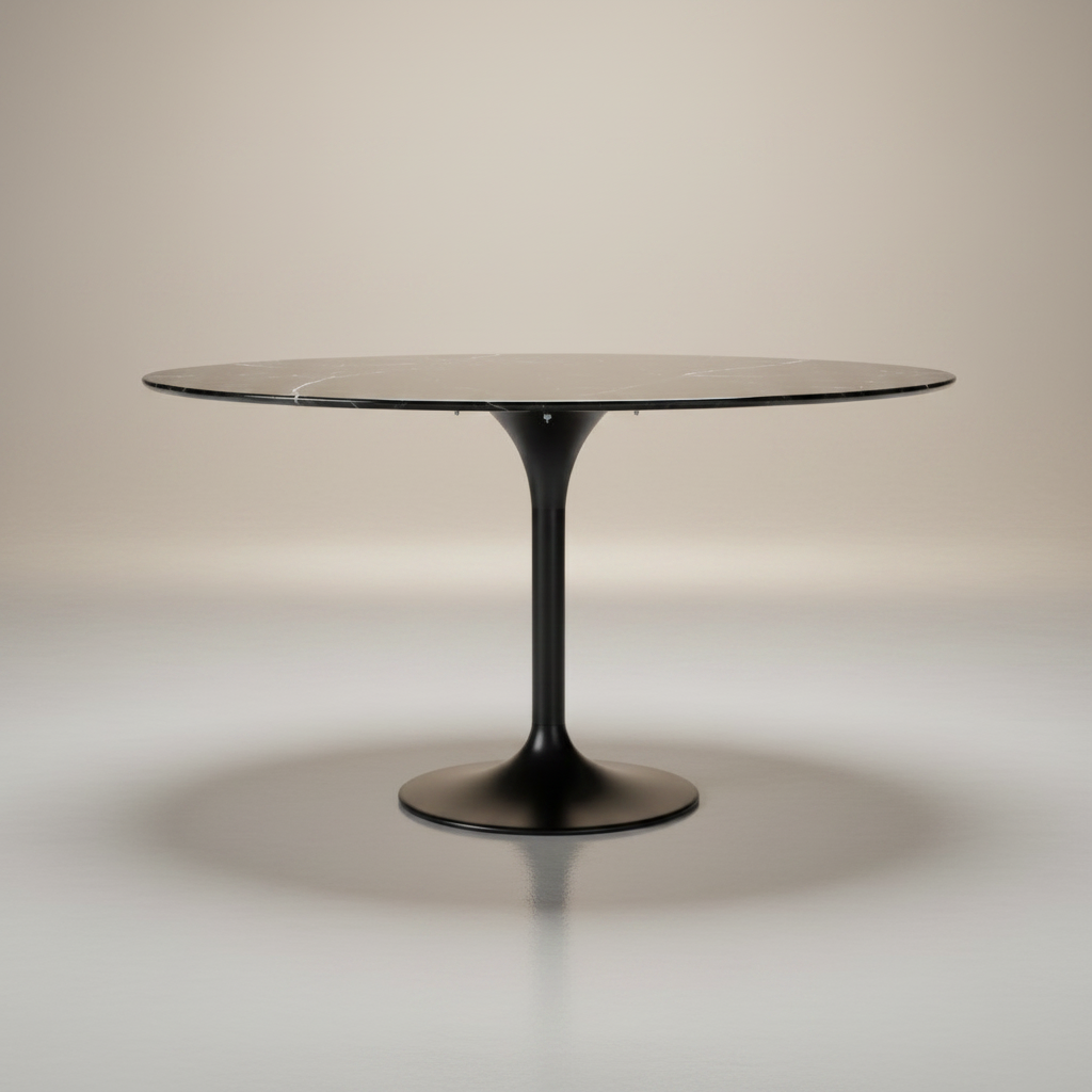 Surya Anatalia round dining table with a black polished marble top and black powder-coated iron tulip base.
