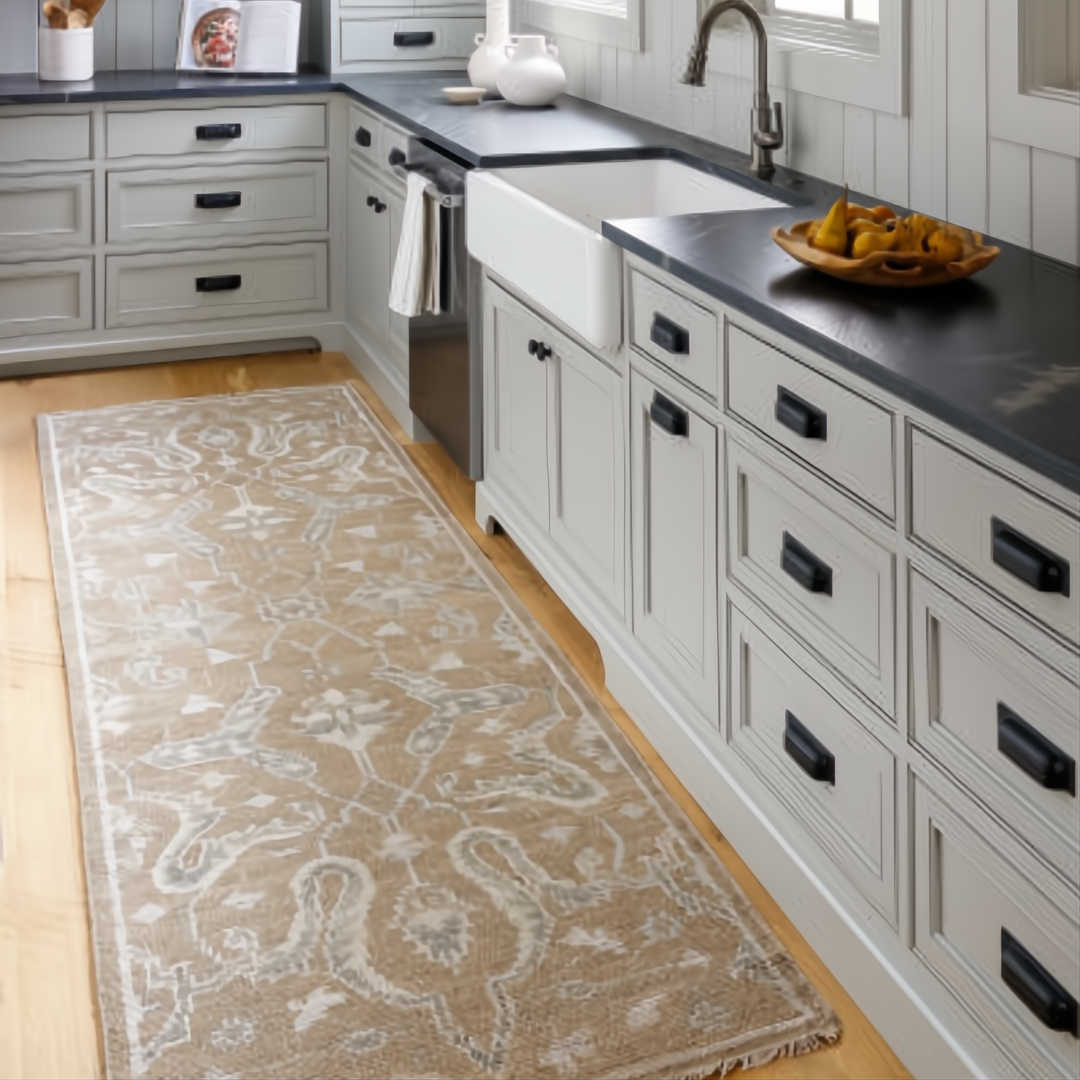 Hand-knotted Surya Almeria low pile runner rug in light brown, charcoal, and cream with fringe.