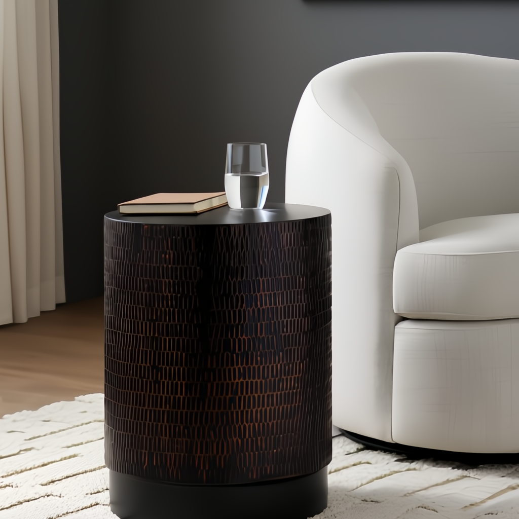 Round dark brown end table with hammered texture, black base, and a glass of water, next to a white armchair.