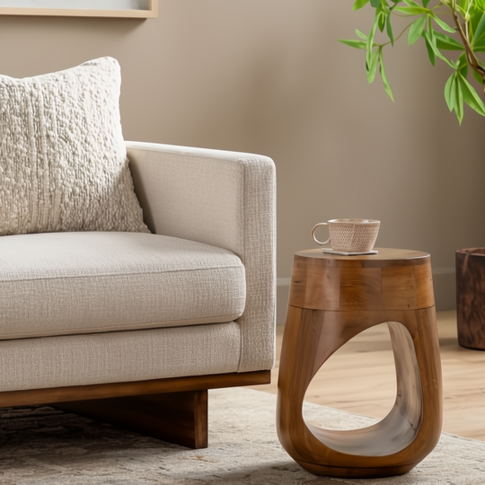 Surya Isiri minimalist modern mango wood end table with brown top, black base, and unique cutout.