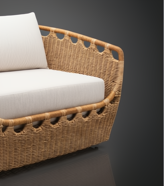 Marvella Sectional Right Arm with natural wicker frame, light Sunbrella cushions, and unique cutout design.