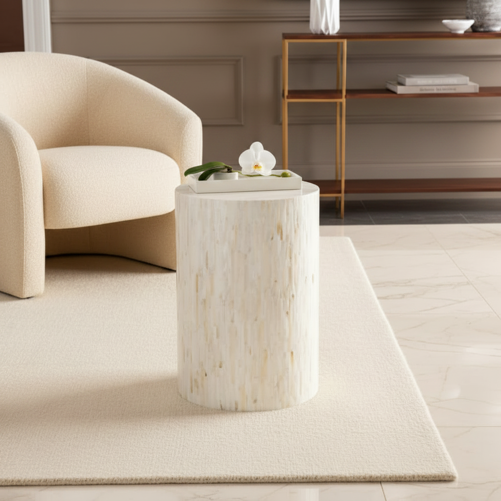 Round Surya Iridescent End Table with tan and ivory shell detailing, styled next to a cream accent chair.