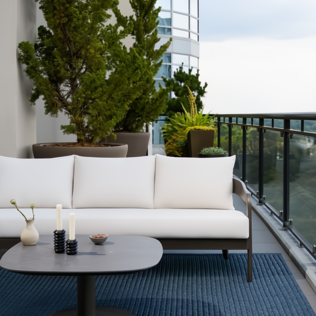 Surya Daniella outdoor sofa with white Sunbrella cushions and gray aluminum base on a modern balcony.