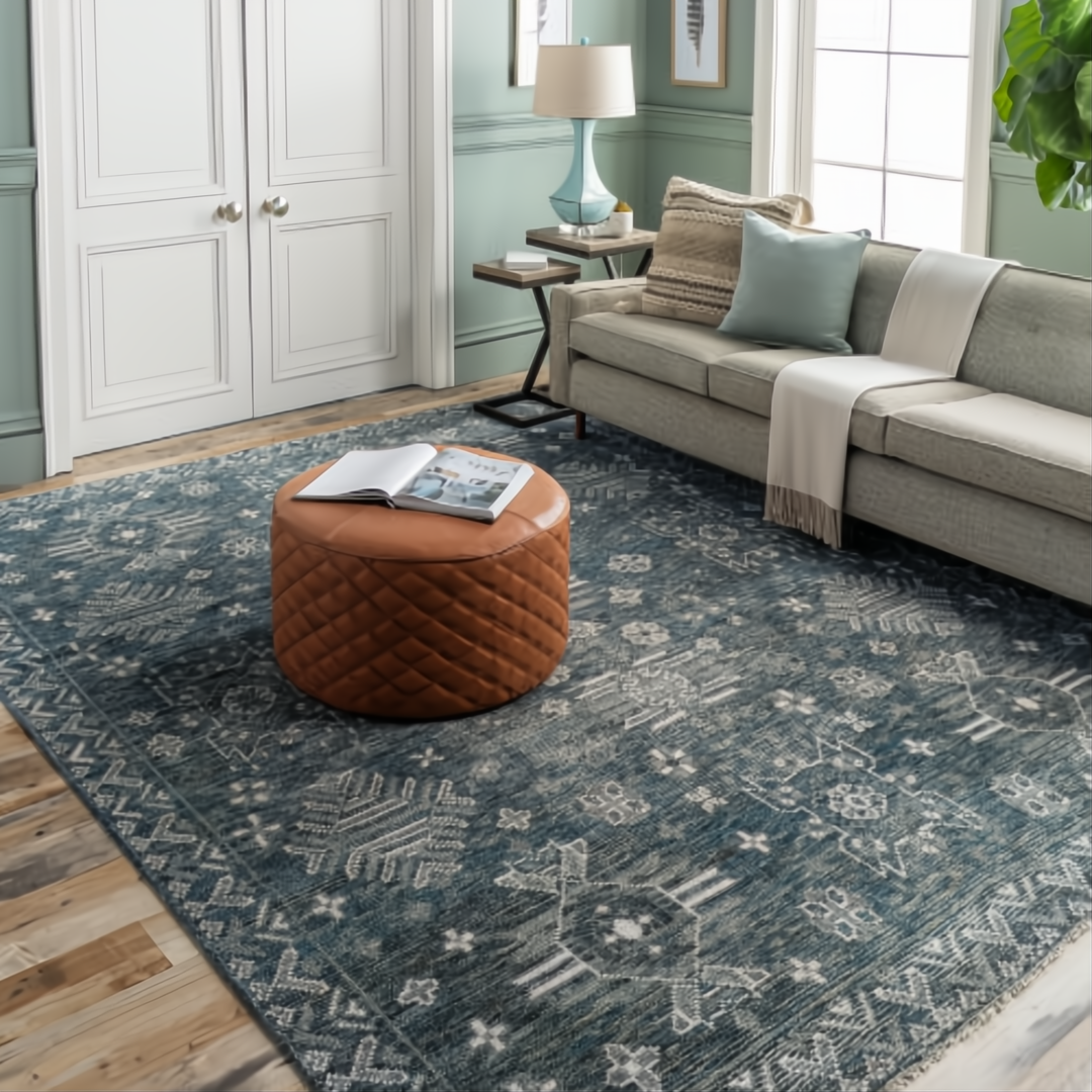 Surya Almeria low pile area rug with dusty sage, green, gray, black, and cream tones in a modern living room.