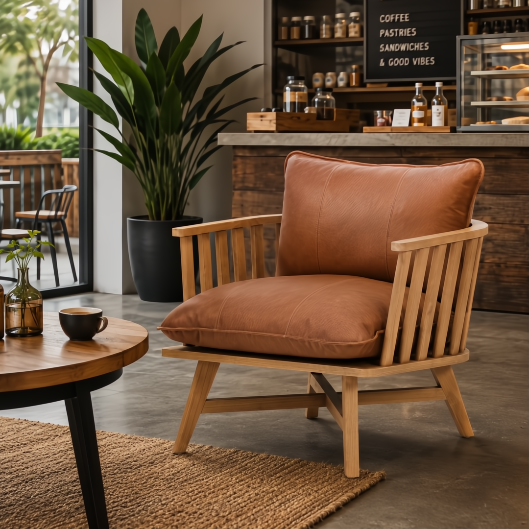 Surya Arco brown leather accent chair with a natural beechwood frame in a modern cafe setting.
