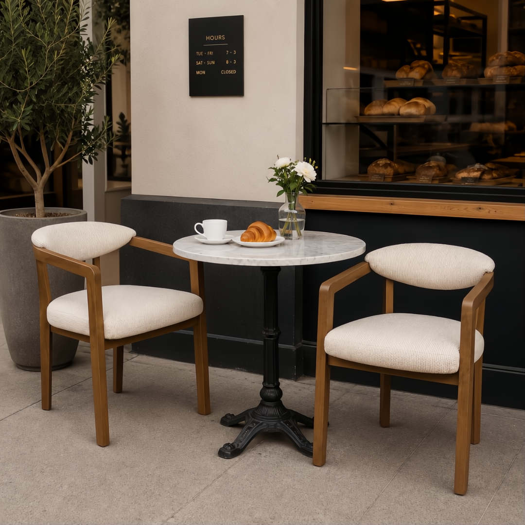 Two Surya Henderson dining chairs with light gray polyester upholstery and rubber wood frames, paired with a marble-top cafe table.