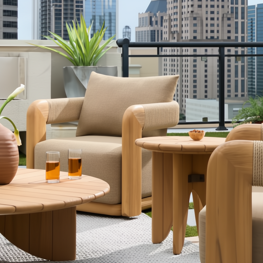 Surya Palma outdoor swivel chair with beige Sunbrella cushion and teak wood frame on a patio.