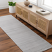 Surya Fresno FNO-2302-P multi-tone gray recycled PET yarn runner rug on a wood floor.