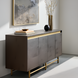 Scandinavian modern Molander sideboard with brown oak veneer top, metallic brass accents, and soft-close doors.