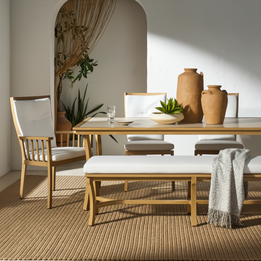 Surya Cape Town Bench in wheat, an outdoor-safe, low-profile bench with white Sunbrella upholstery and aluminum frame.
