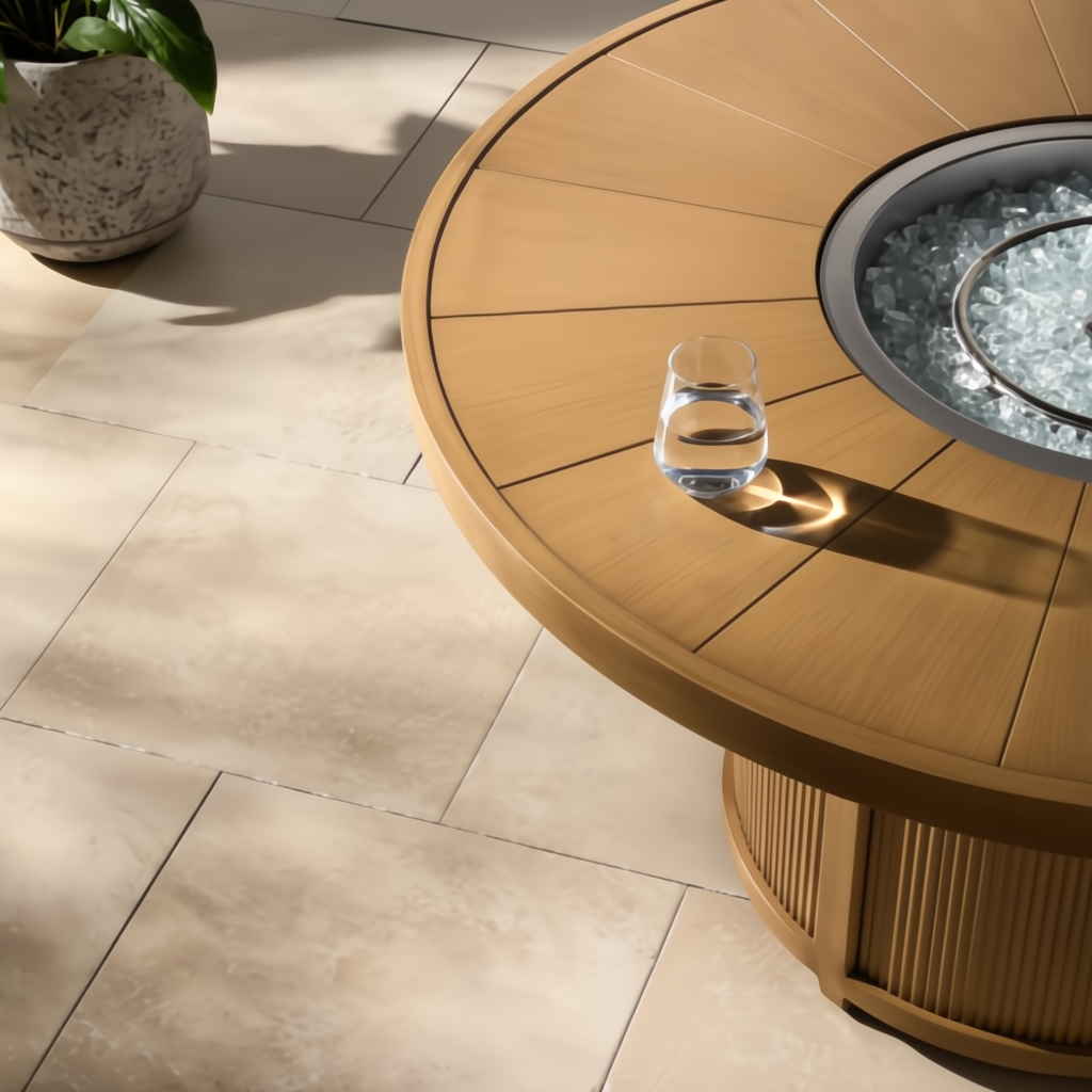 Surya Cape Town 50" round wheat hand-painted aluminum fire table with glass beads on a patio.
