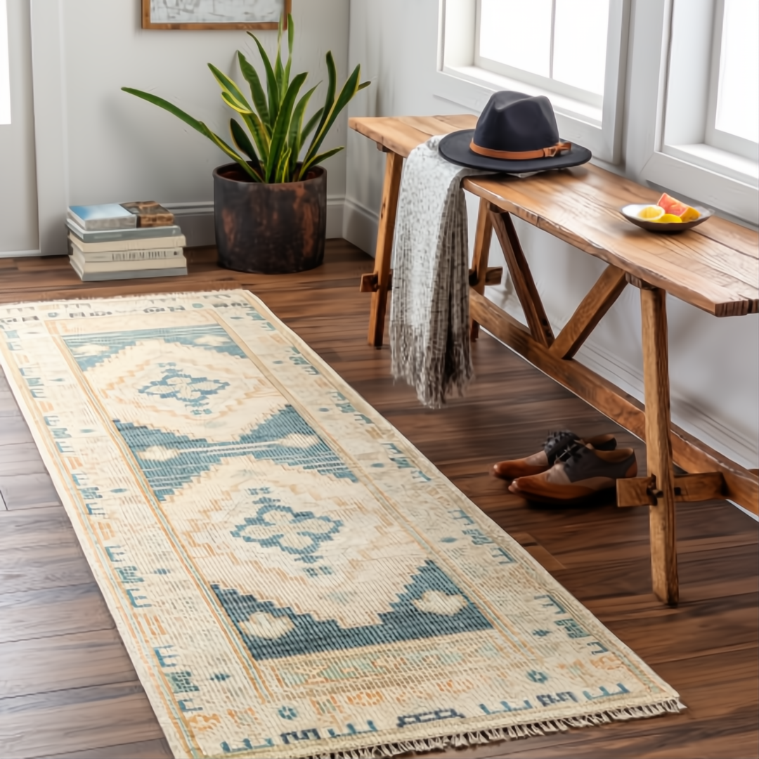 Surya Anadolu AAU-2301 hand-knotted wool and viscose runner rug with traditional blue and cream patterns on a wooden floor.
