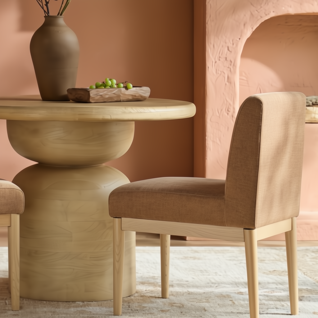 Beige mango wood round dining table with a unique pedestal base and two upholstered chairs.