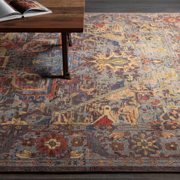 Hand-knotted Surya Cappadocia wool rug with intricate patterns in Dusty Sage, Mauve, Blue, Mustard, and Olive.