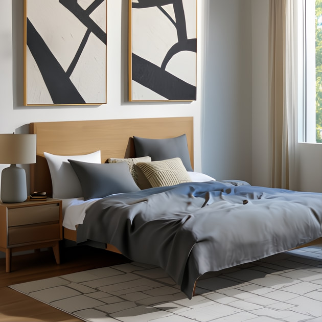 A bedroom with a wooden bed, grey bedding, and two black and white abstract wall art panels.