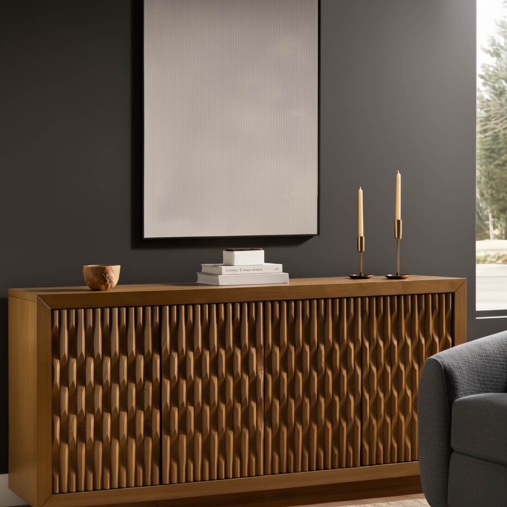 Surya Lulea Cabinet: Beige natural ash wood veneer cabinet with 3D patterned doors, mid-century modern style.