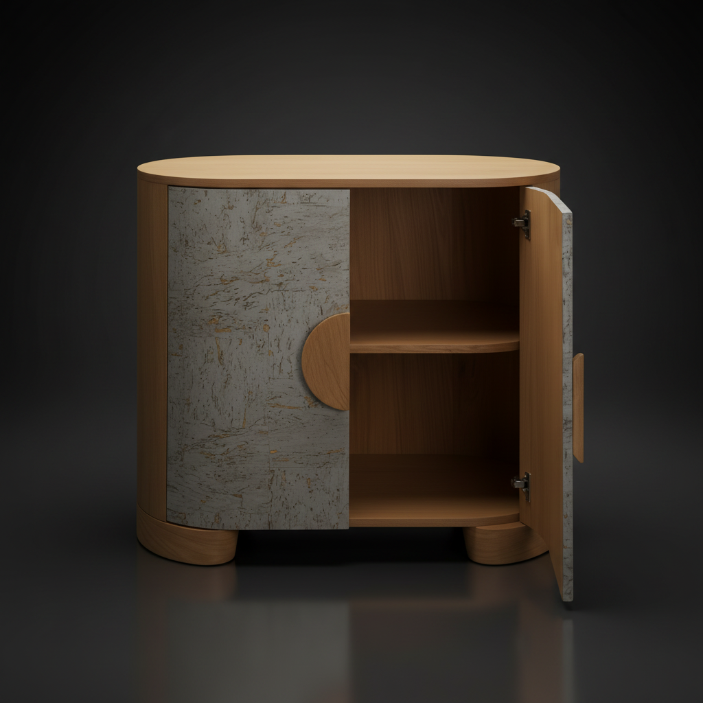 Surya Poros Cabinet with silver gray lacquered cork veneer doors and a brown natural oak base, one door open revealing an adjustable shelf.