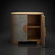 Surya Poros Cabinet with silver gray lacquered cork veneer doors and a brown natural oak base, one door open revealing an adjustable shelf.