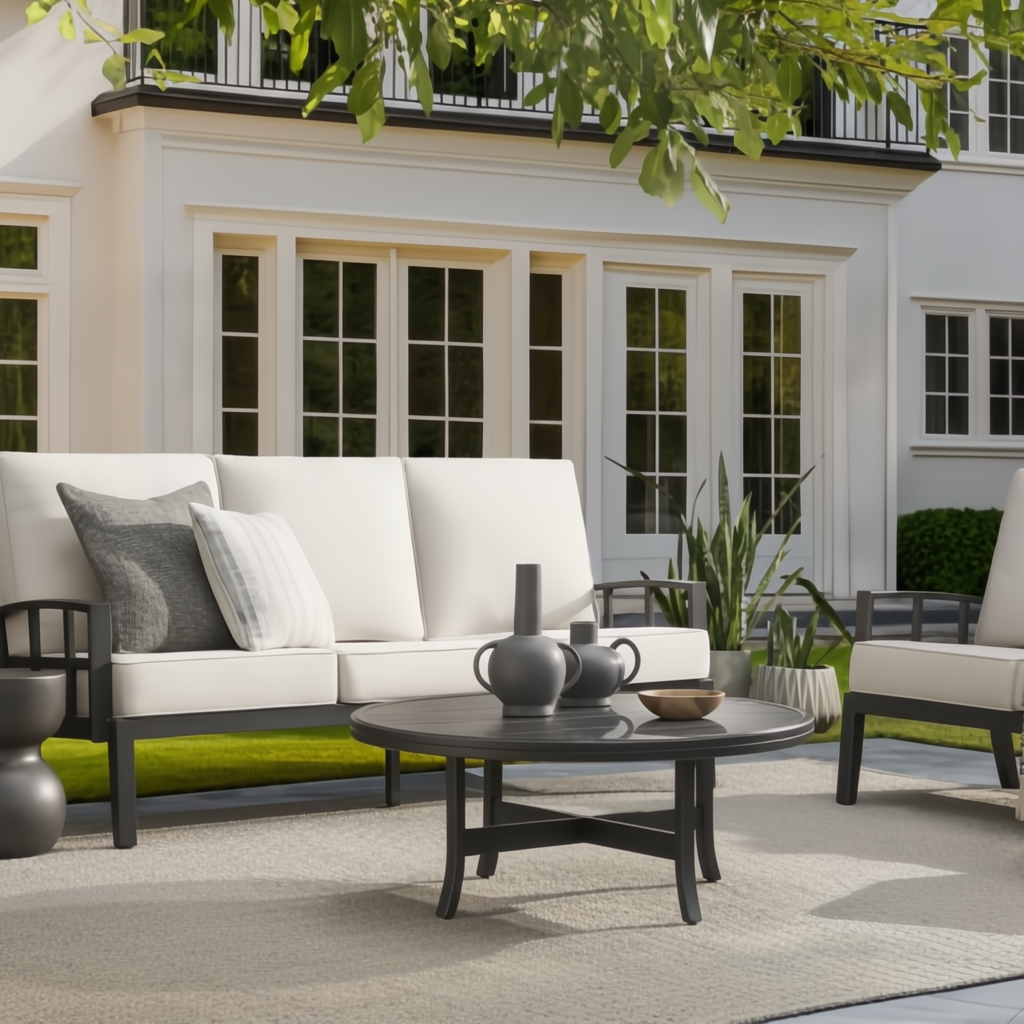 Surya Fairborn 42" round black hand-painted aluminum outdoor coffee table on a patio.