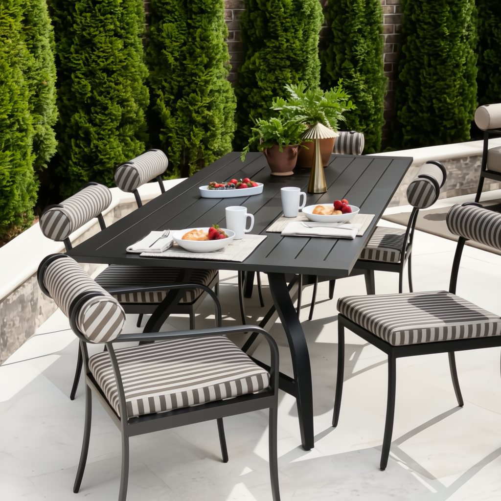 Black aluminum Surya Antibes outdoor dining table with striped chairs, set for breakfast on a patio.