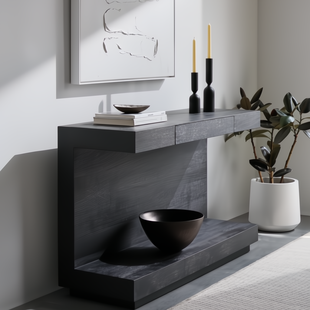 Black brushed mango wood Surya Coburn console table with a soft-close drawer and plinth base.