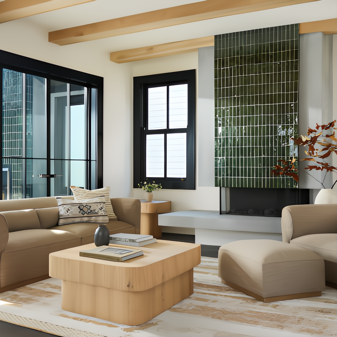 Modern Surya Arquette 40" square wood veneer coffee table with natural finish in a contemporary living room.