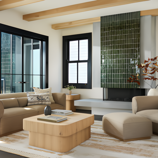 Modern Surya Arquette 40" square wood veneer coffee table with natural finish in a contemporary living room.