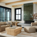 Modern Surya Arquette 40" square wood veneer coffee table with natural finish in a contemporary living room.