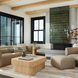 Modern Surya Arquette 40" square wood veneer coffee table with natural finish in a contemporary living room.