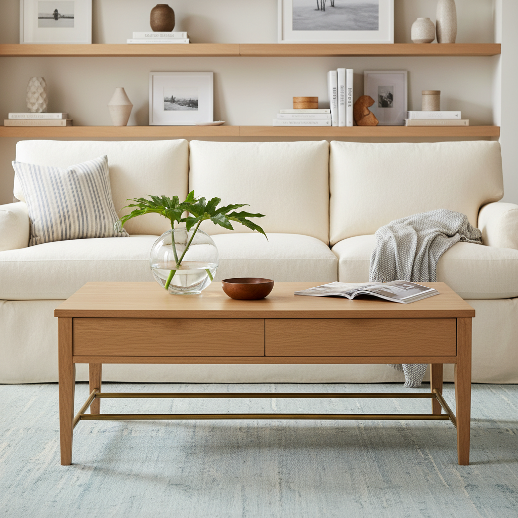Rectangular wood veneer coffee table with two drawers, brown top, and brown/metallic brass base.