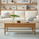 Rectangular wood veneer coffee table with two drawers, brown top, and brown/metallic brass base.