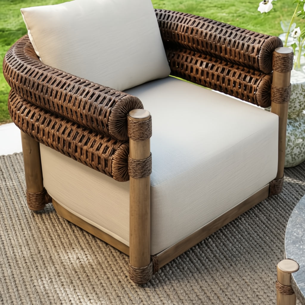 Surya Porta Swivel Chair with light beige Sunbrella cushions, brown handwoven PE wicker, and aluminum base.