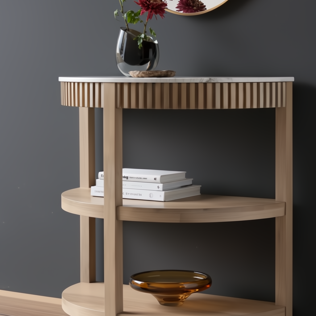 Surya Rosemary console table with a white marble top, fluted mango wood trim, and two mango wood shelves.