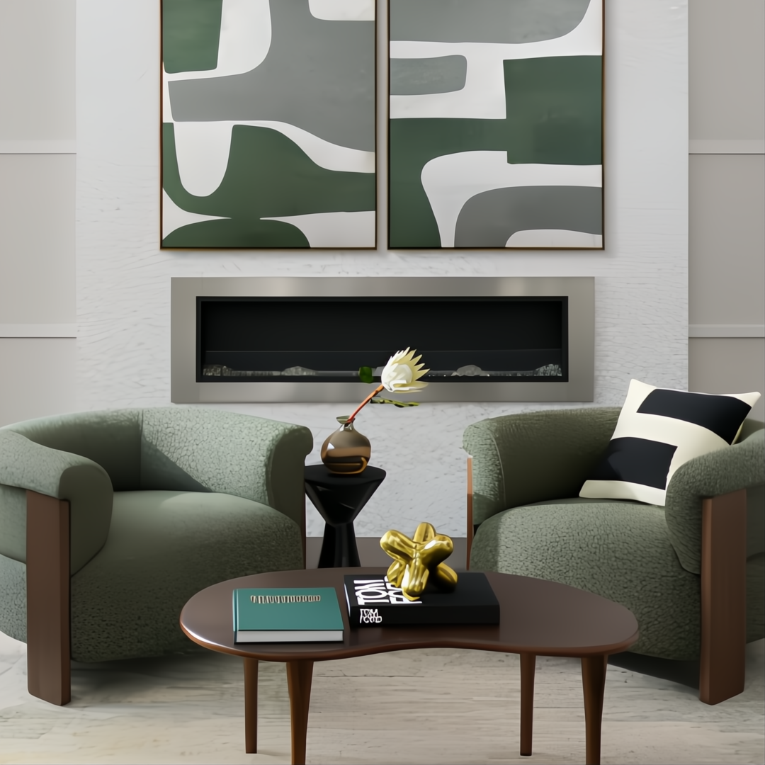 Surya Aasmaa AAM-008 abstract wall art set with sage and white shapes in natural brown frames.